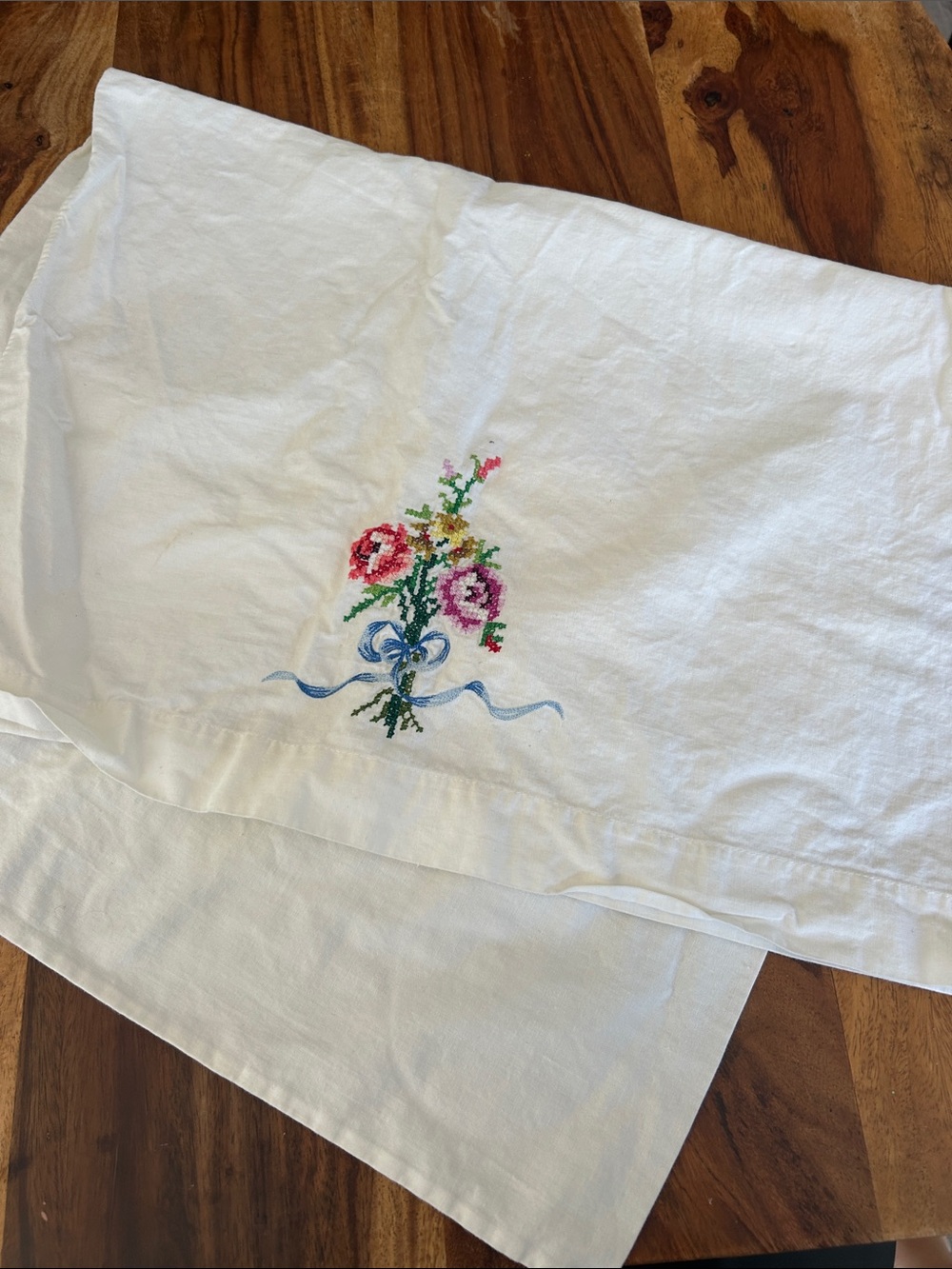 White Pillowcase with Embroidered needlepoint Floral Bouquet